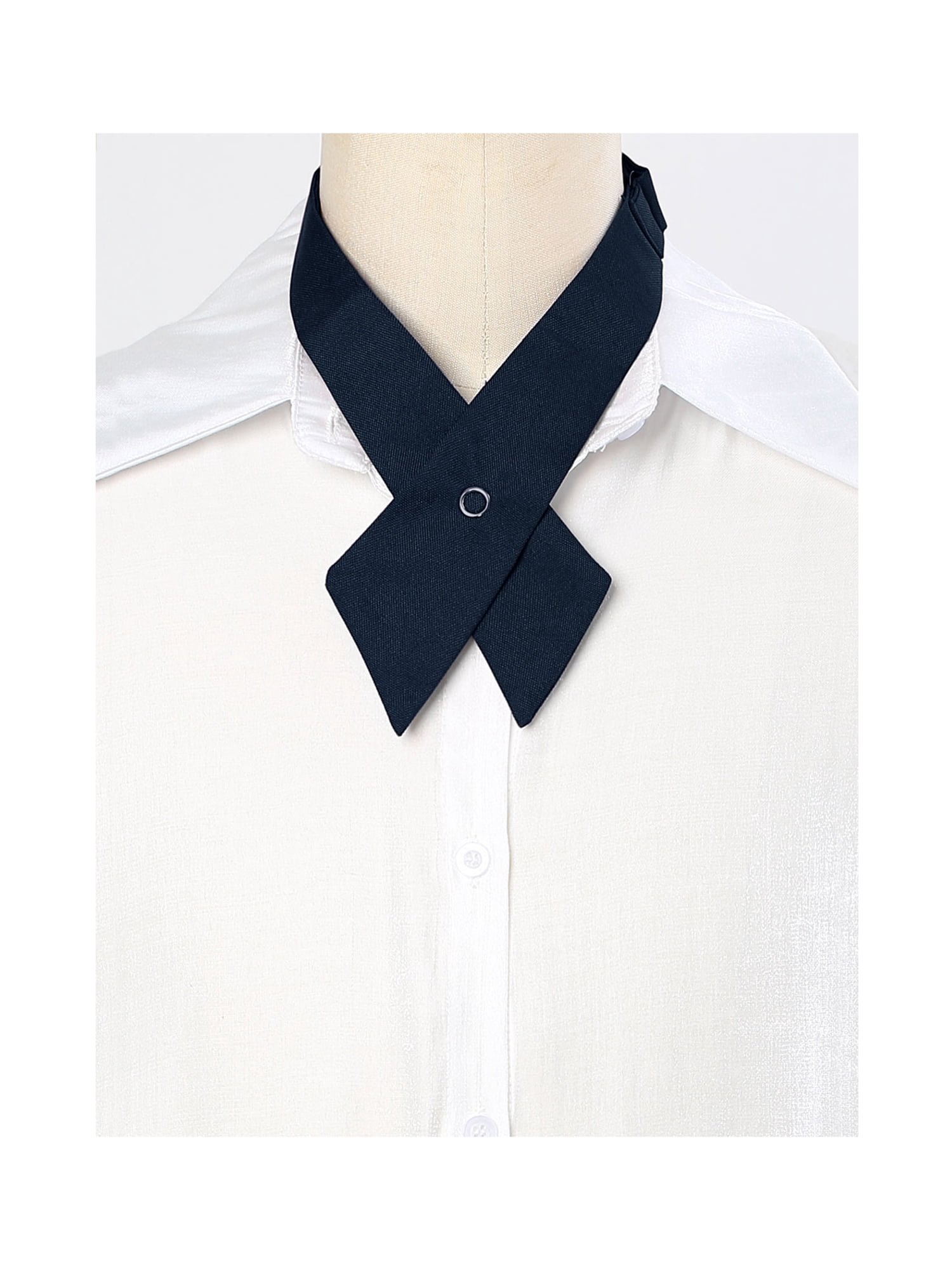 Unique Bargains Criss-Cross Bowtie School Uniform Solid Snap Button Neck Tie for Women Blue