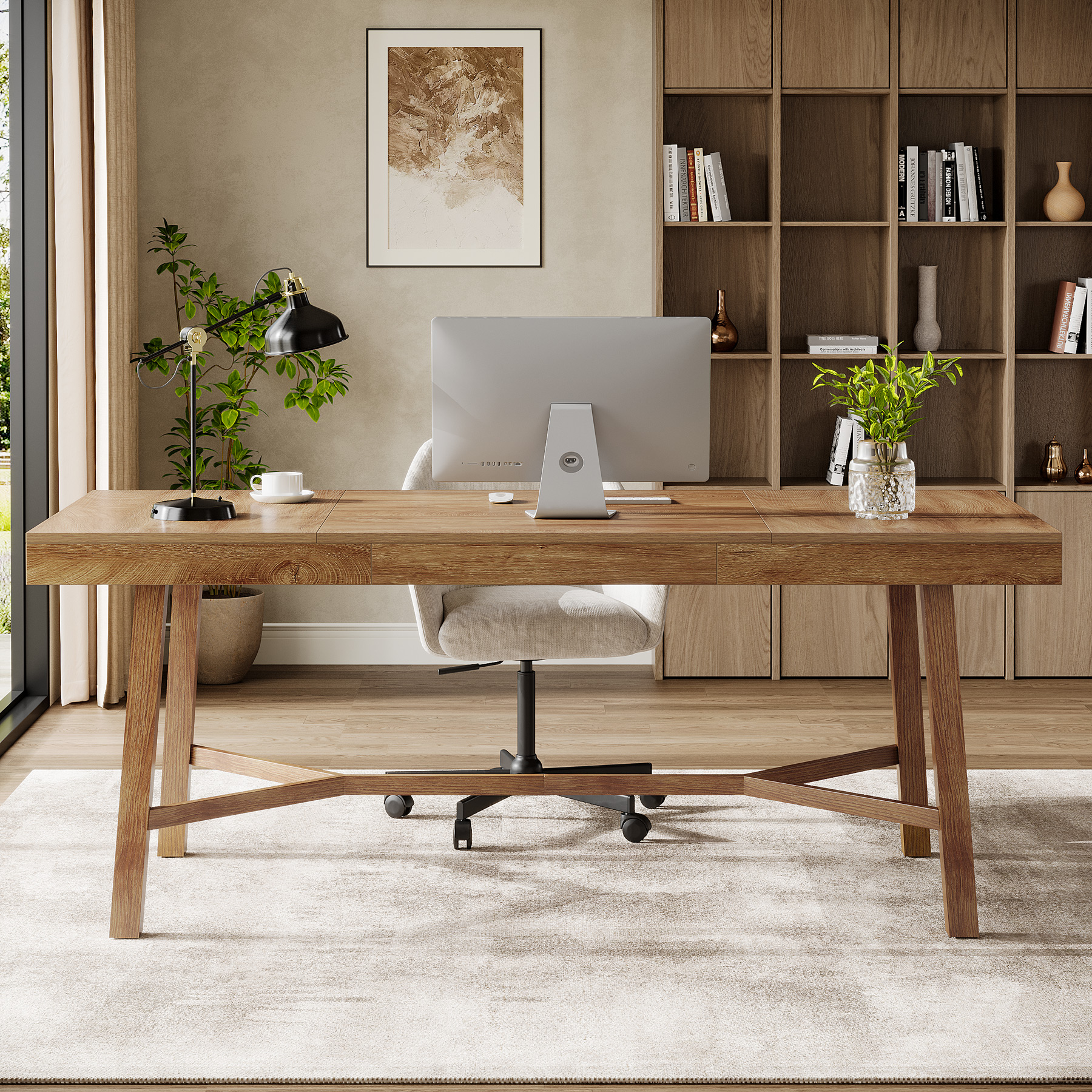 Finmind 71-inch Executive Desk, Farmhouse Large Office Computer Desk with Sturdy Frame, for Home Office, Light Brown