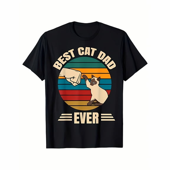 Men's 100% Cotton Retro Siamese Cat Dad Pattern T-Shirt - Retro 'Best Cat Dad' Print, Short Sleeve Casual Shirt, Pet Lover Gift, Exclusive Gift for Cat Dads, gifts for him