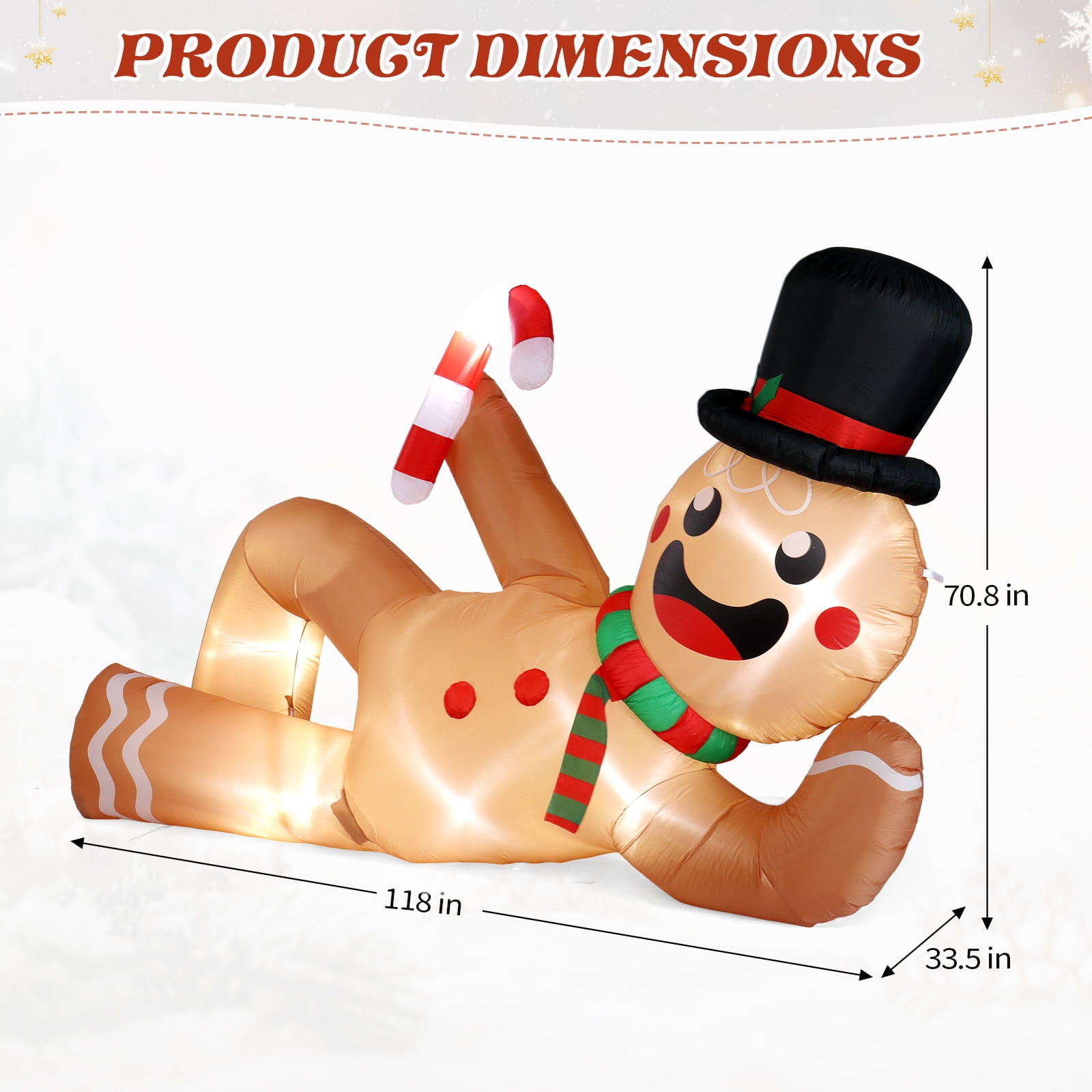 9.8ft Reclining Gingerbread Man, 6 LED Lights, Drawstring Bag, Christmas Inflatable Decoration, 12V, 1500mA, US Standard