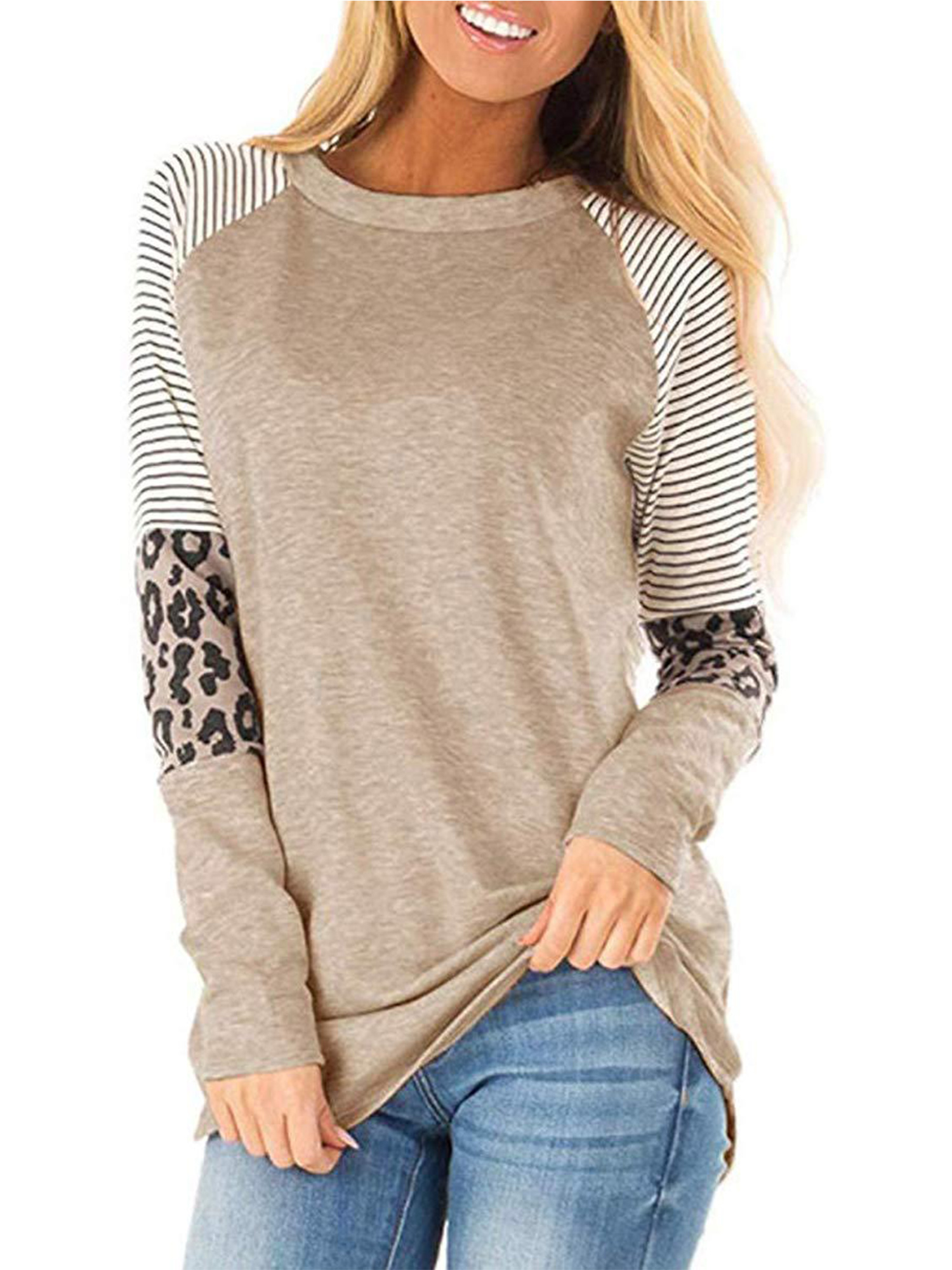 Photno Womens Leopard Color Block Sweatshirt Plus Size Round Neck Long Sleeve Blouse Casual Loose Pullover Tops