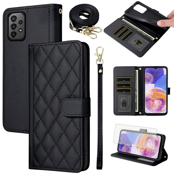 Furiet Argyle Wallet Case for Samsung Galaxy A13 4G/5G with Tempered Glass Screen Protector Wrist Strap Shoulder Strap, Card Slots Stand Phone Cover for A04s M13 G5 A 13 LTE 13A 2022 Women Men Black