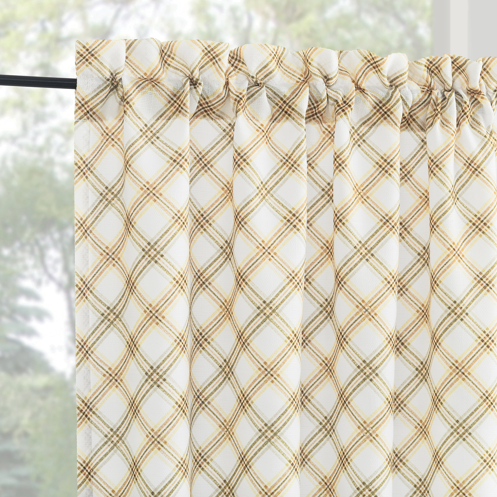 No. 918 Stone Bridge 2-Piece Plaid Semi-Sheer Rod Pocket Kitchen Curtains, 54"x24"