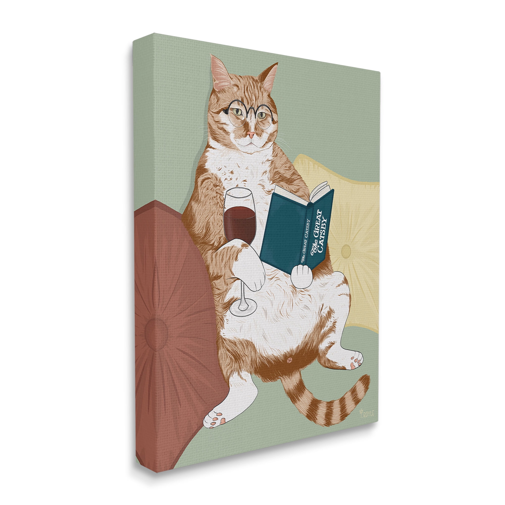 Stupell Industries Cat Reading with Wine Animals & Insects Painting Gallery Wrapped Canvas Art Print Wall Art, 36 x 48