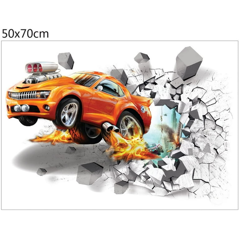 VONTER 3D Self-adesive Removable Break Through The Wall Vinyl Wall Stickers  Murals Decals Decorator Kid's Favor Art Dining Room Entryway and Bedroom  Wall Decal-Flying Fire Car (19.7X 27.6) 