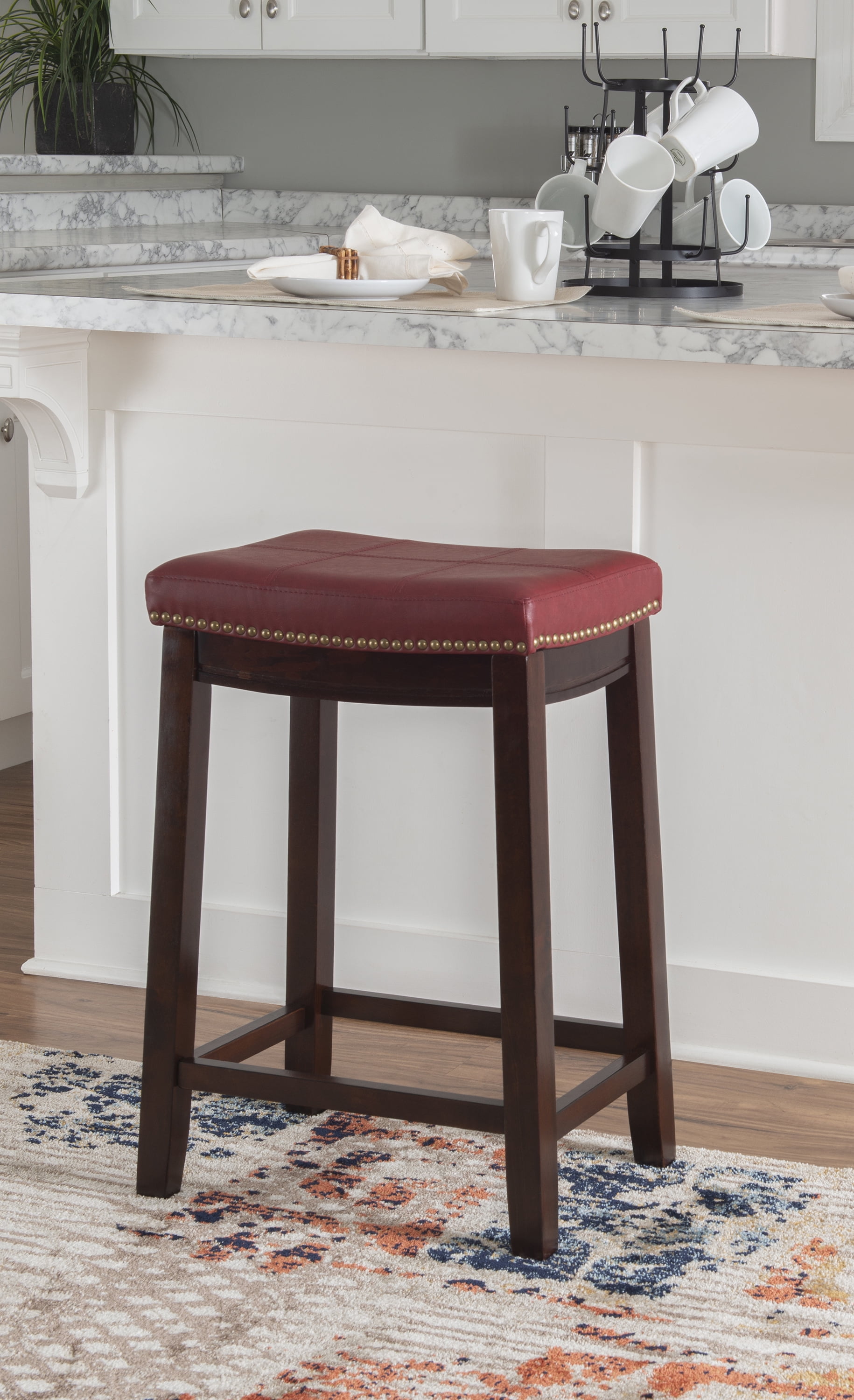 Linon Claridge 26 Backless Wood, Red Leather Counter Stools