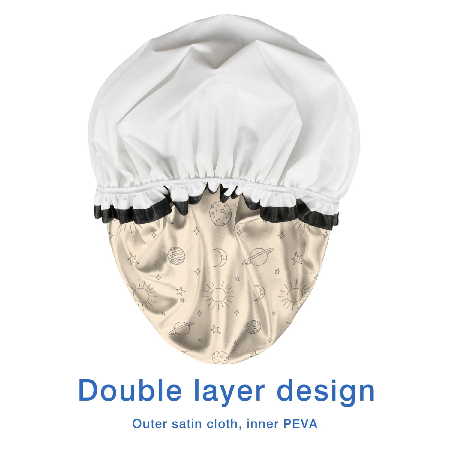 Shower Caps,Beige Sun Moon Planet Star Pattern Waterproof Shower Cap for Women 4 Pieces,Double Reusable Hair Cover for Shower PEVA Elastic Stretch Hem