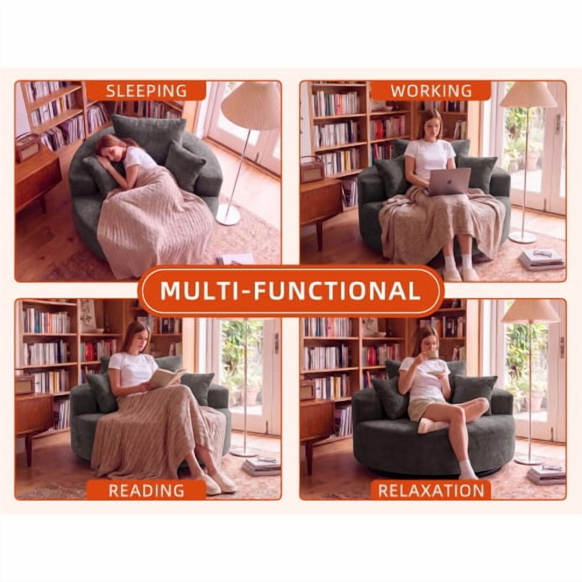55" Oversized Round Swivel Chair, 360° Rotating Chenille Cotton Blend Accent Chair with High-Density Foam Cushion, Modern Comfy Seating for Living Room, Bedroom, Reading Nook – Gray