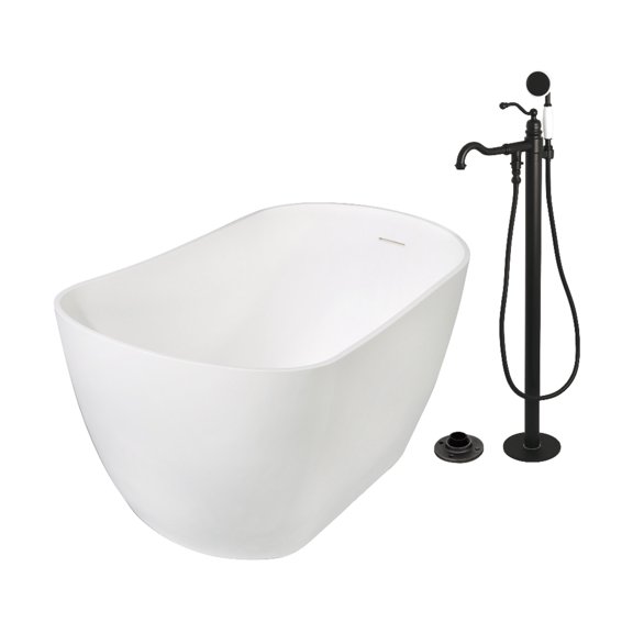 Kingston Brass KRTSS5130130AL 51-Inch Solid Surface Oval Single Slipper Freestanding Tub with Faucet Combo and Drain in Matte Black