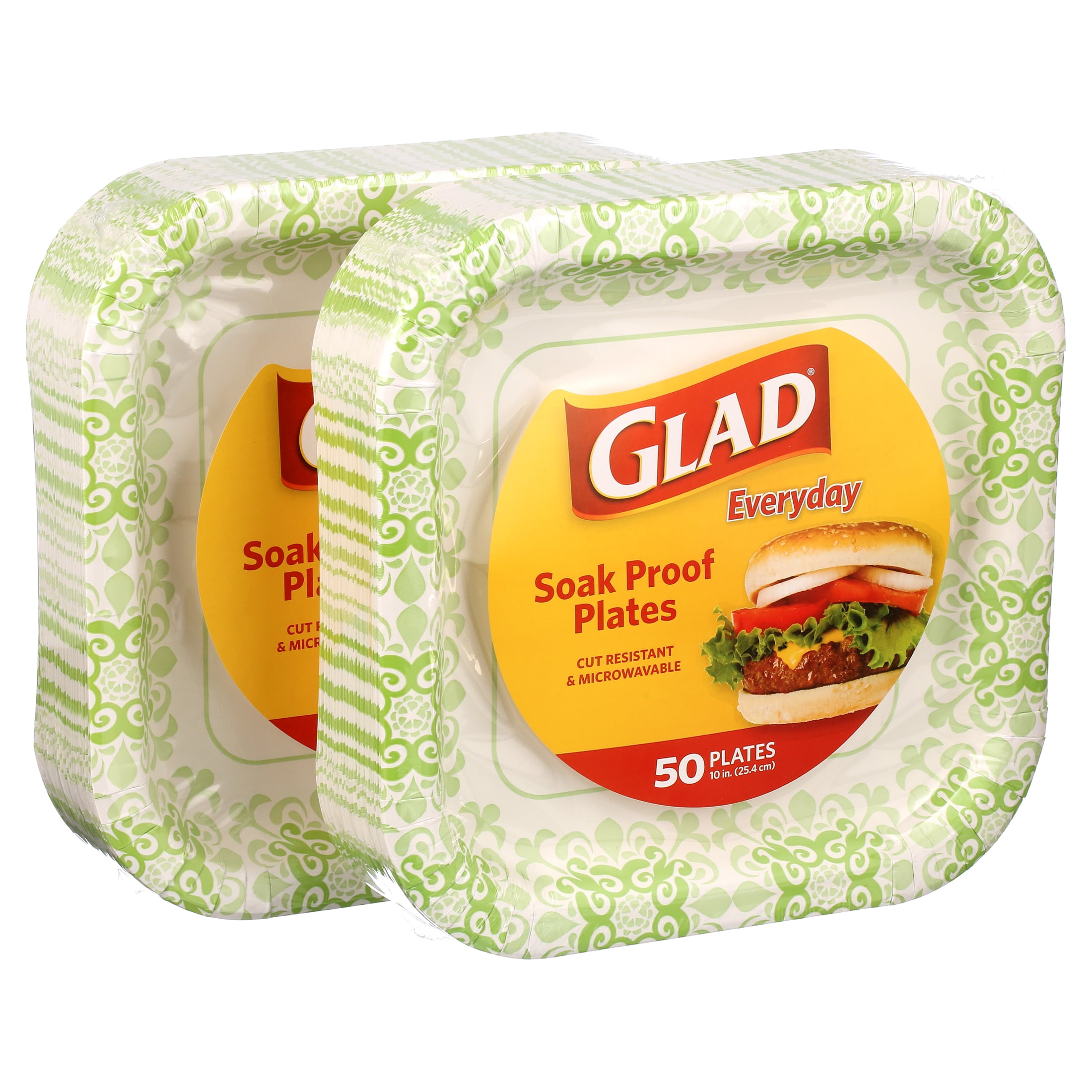Glad Everyday 10" Square Paper Plates Green Victorian, 2 pack (100 plates total)