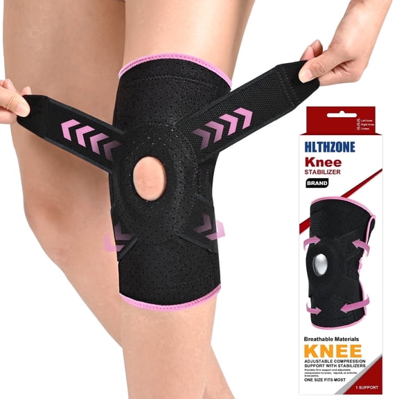 HLTHZONE Adjustable Knee Brace with Side Stabilizers for Running, Compression Knee Support for Meniscus Tear, Arthritis, ACL, LCL, Knee Pain Relief for Men & Women, L - Size(Black/Pink)