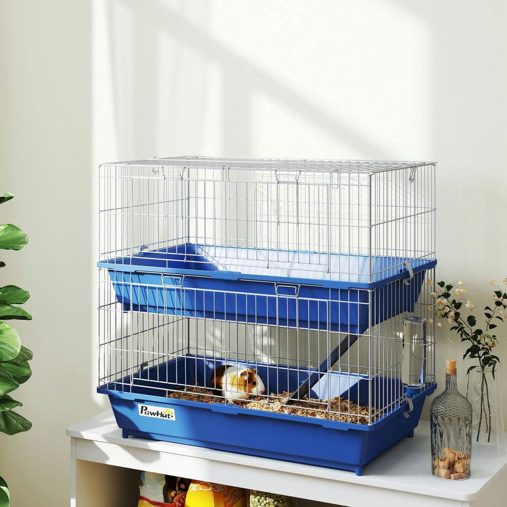 Resenkos 2-Tier Guinea Pig Cage, Ferret Cage, Chinchilla Cage, Small Animal Cage Indoor with Dish and Bottle, 2 Doors, Deep Bottoms, Ramp,Blue