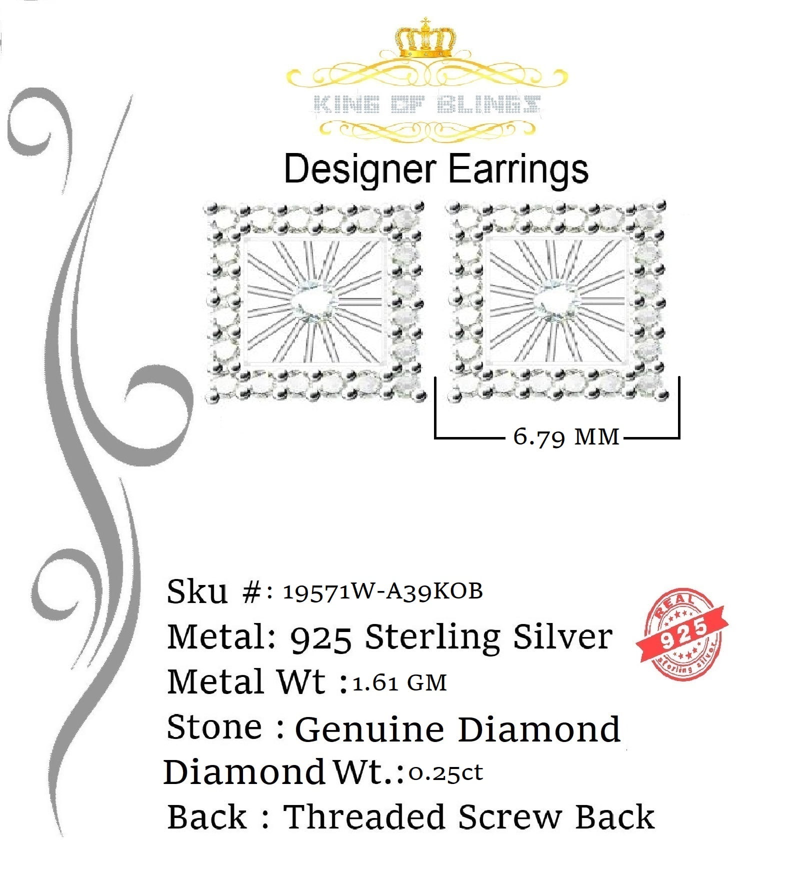 King of Bling's Aretes Para Hombre 925 White Silver 0.25ct Diamond Women's/ Men's Stud Earrings
