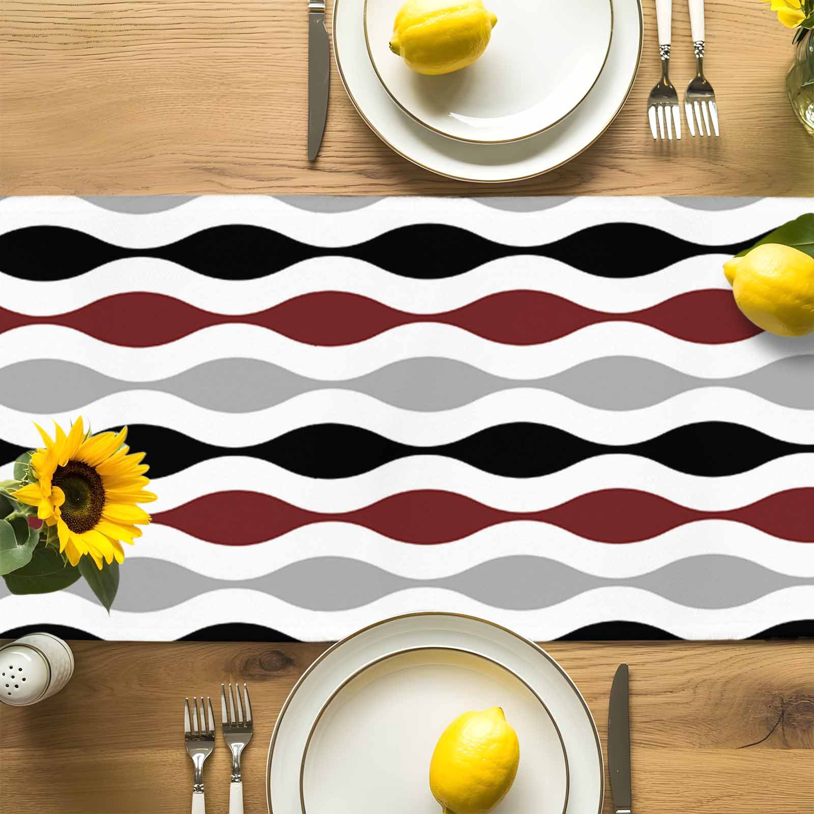 Mid Century Burgundy Red Ripple Table Runner 90 Inches Long, Grey Stripe Abstract Geometric Table Runners Tabletop Scarf Kitchen Dining Tables Decoration for Home Party Indoor Outdoor