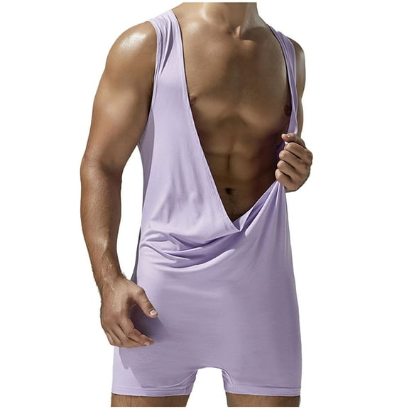 Hinvhai Mens Short Sleeve Onesie Henley Jumpsuit Pajamas Stretchy Cotton One Piece Garment Purple L(L)