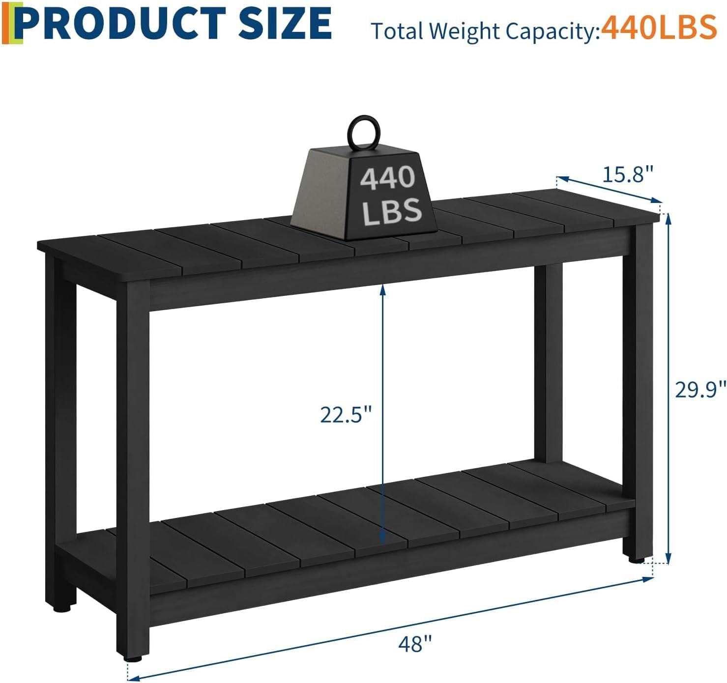 Senfot 48 Inch 2-Shelf Console Table, Indoor Outdoor Wooden Storage Entryway Side Table Black