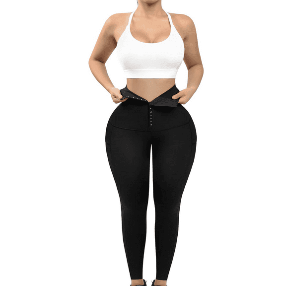 KEEPTO Compression Leggings with Pockets Body Shaper for Women Tummy Control Gym Scrunch Butt Yoga Pants - XXL