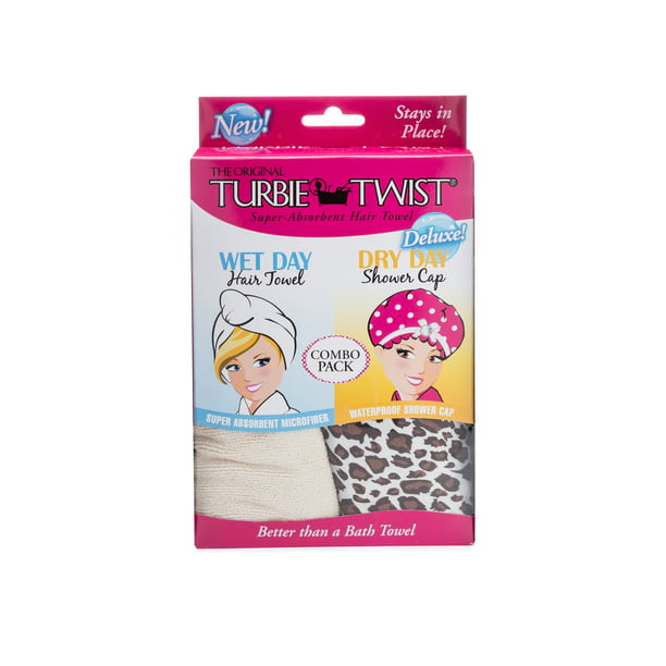 Turbie Twist Cream Color Microfiber Hair Towel and Leopard Shower Cap -  