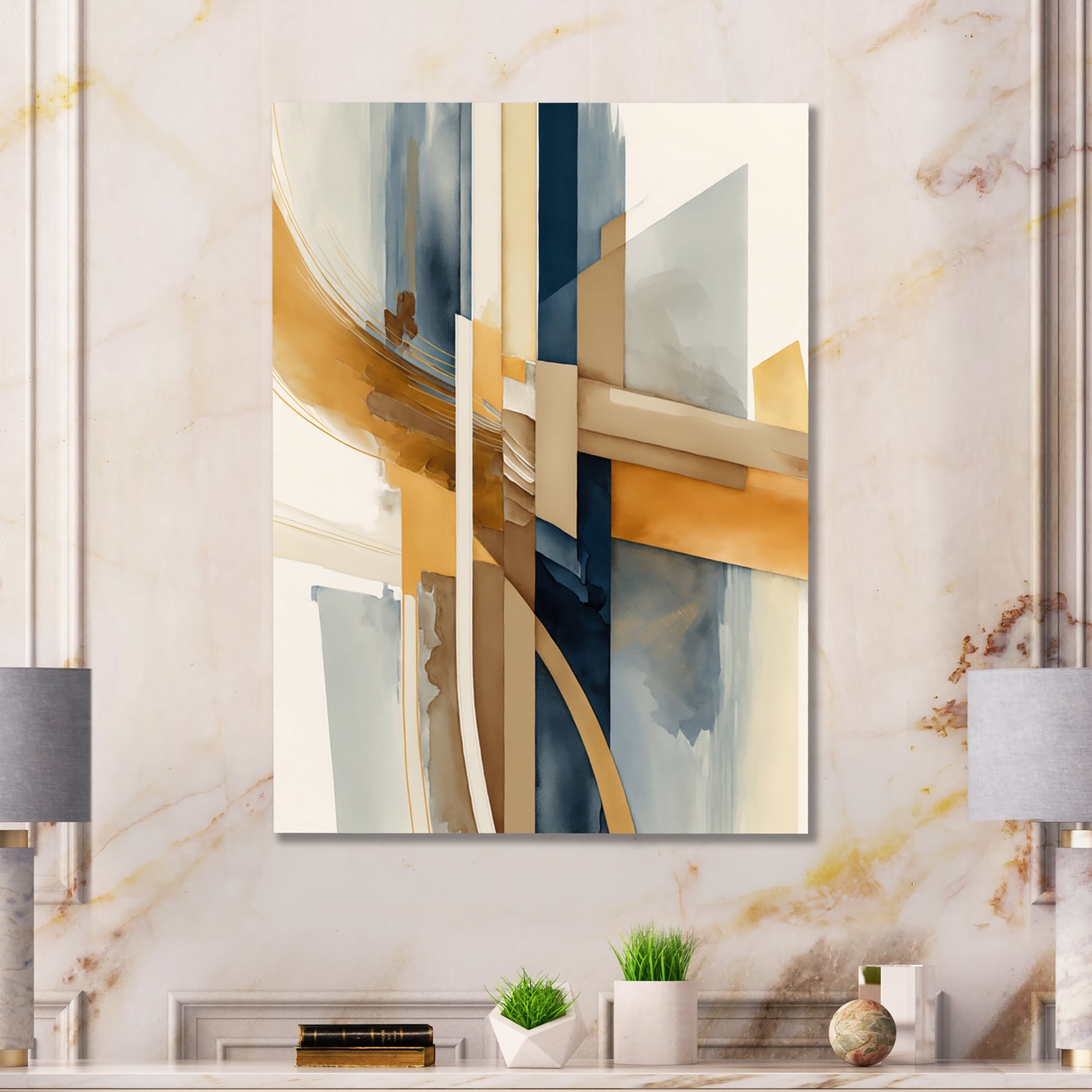 Designart Modern Blue And Gold Abstract I Canvas Wall Art