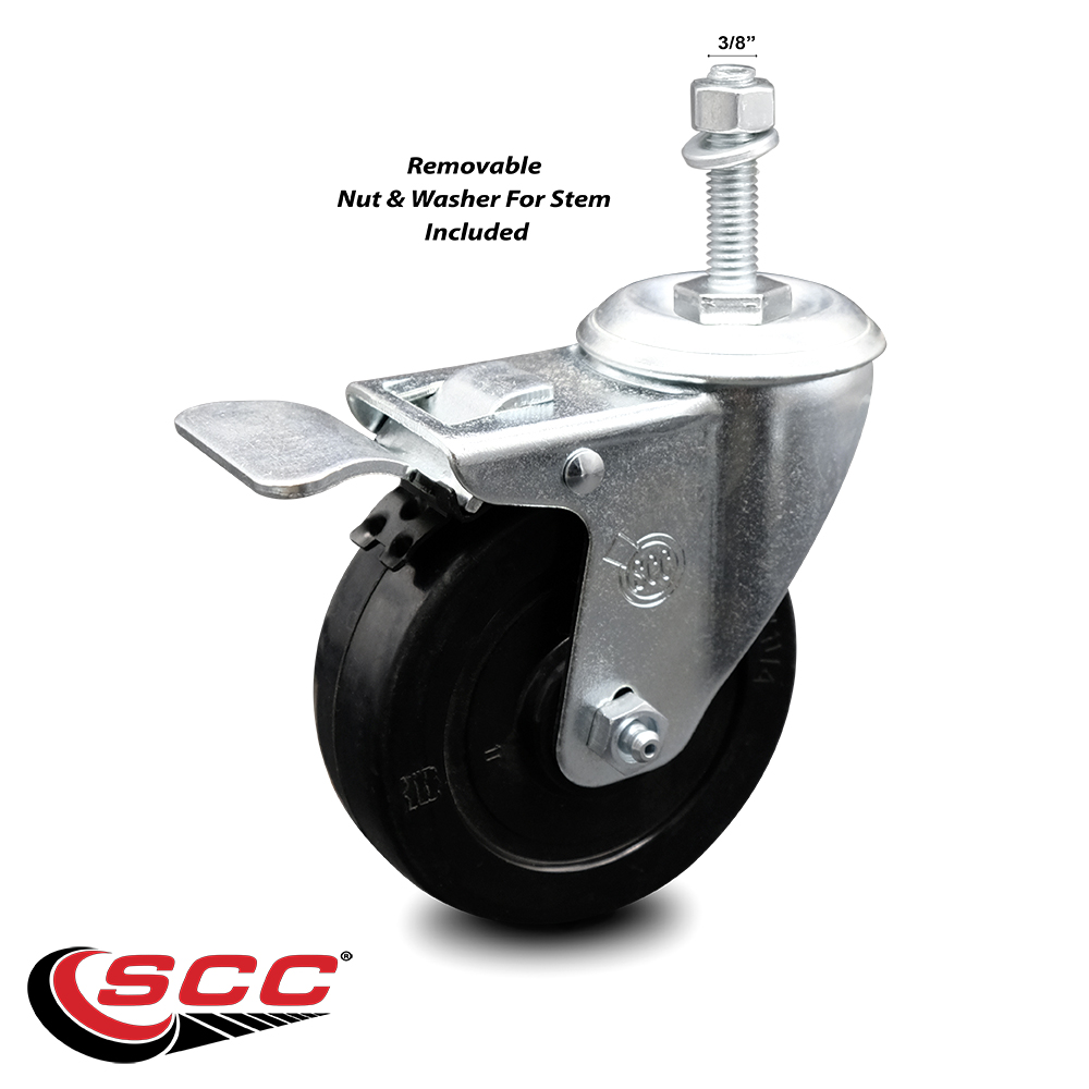 Soft Rubber Swivel Threaded Stem Caster w/4" x 1.25" Black Wheel and 3/
