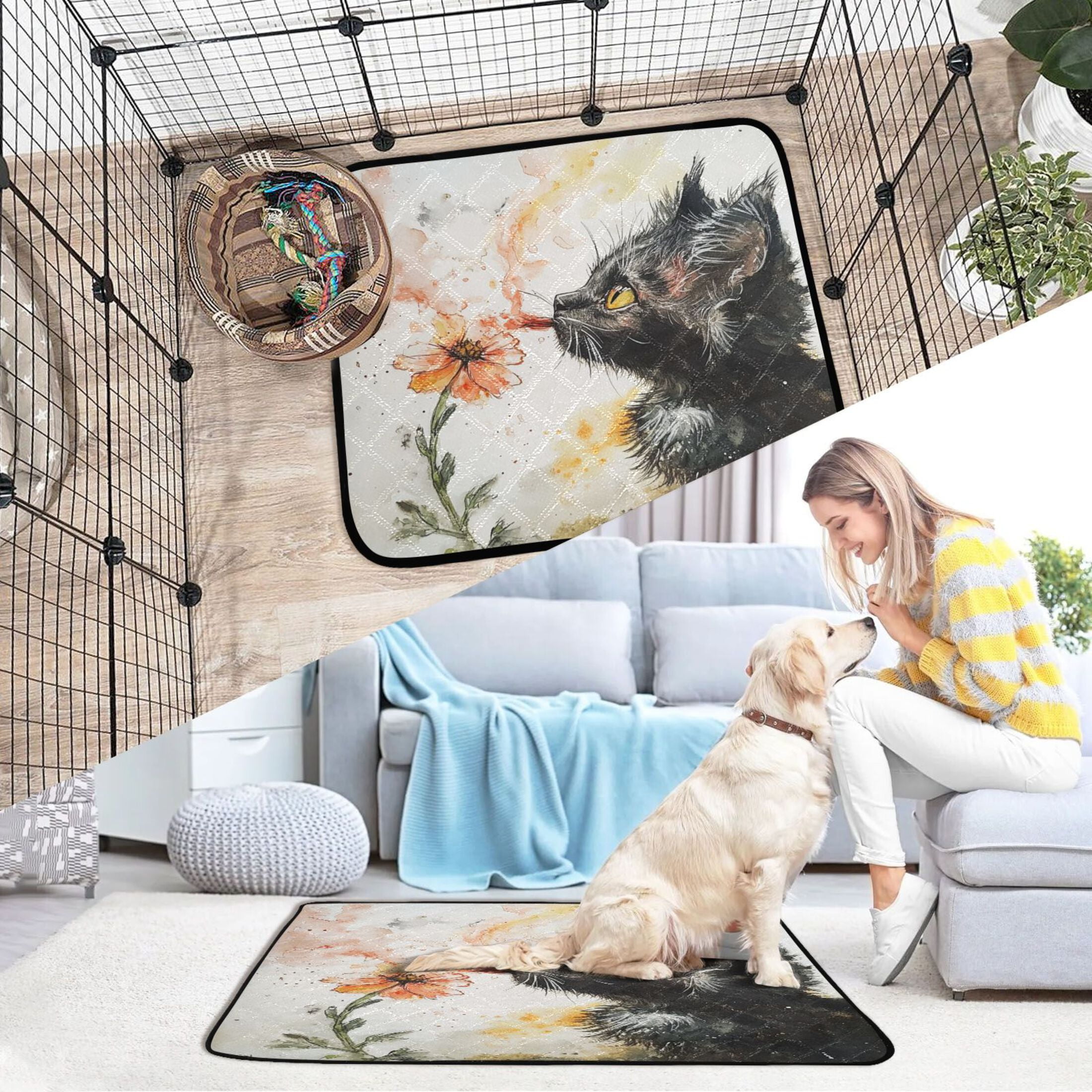 Qxltty Skinny Black Cat Cat litter Pads Pet Set of 3 Diaper Mats Center Anti-leakage Layer Absorbent Soft and Comfortable