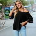 thumbnail image 2 of Women'S Cold Shoulder Mesh Panel 3/4 Bell Sleeve Casual Top Blouse Shirt Black S, 2 of 8