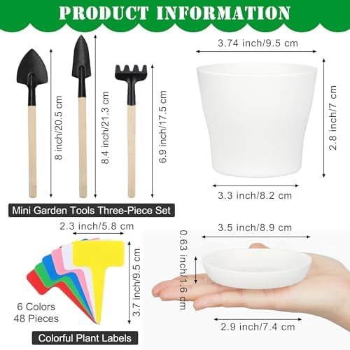 48 Pack Plastic Planters 4 Inch Flower Plant Pots Indoor Set Thickened Seedling Nursery Pots Seed Starting Pots with Drainage Holes Saucers, Mini Garden Tools for Home Office Garden, White
