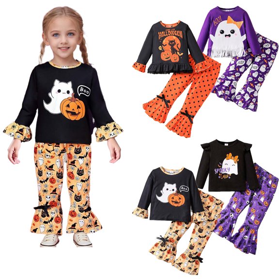Emy Dola 1-6T Baby Girl's Halloween Outfits Toddler Kids Long Sleeve Pumpkin Ghost Print Tops Bell Pants 2 Piece Set