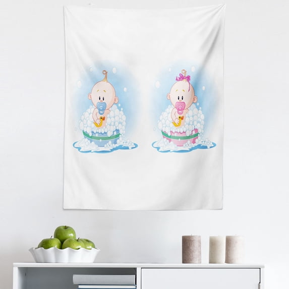 Colorful Tapestry, Girl and Boy in Bath with Bubbles Duck Picture Print, Fabric Wall Hanging Decor for Bedroom Living Room Dorm, 5 Sizes, Multicolor, by Ambesonne