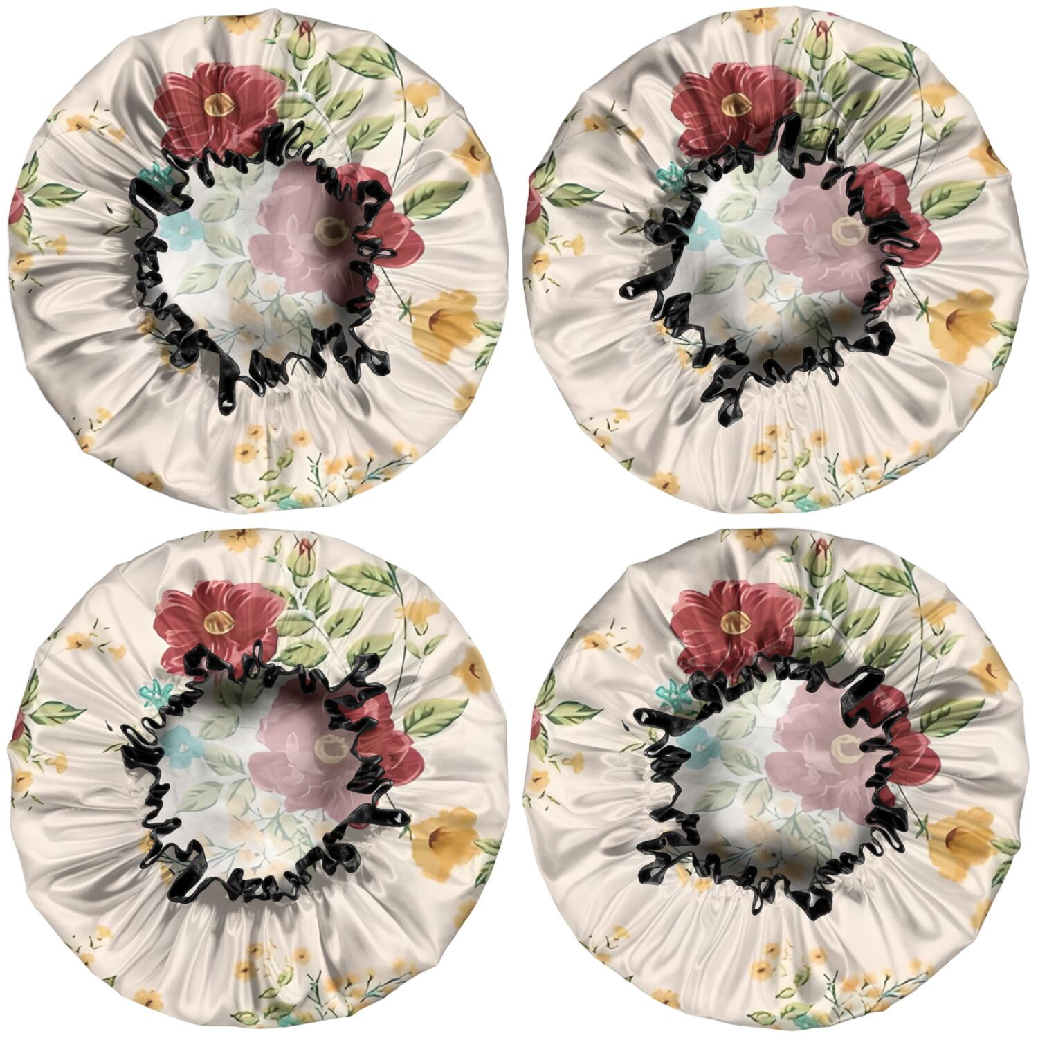 Shower Caps,Pioneer Flower Floral Print Pattern Waterproof Shower Cap for Women 4 Pieces,Double Reusable Hair Cover for Shower PEVA Elastic Stretch Hem