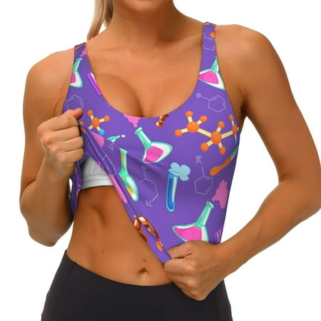 Qokaie Chemistry Tools Pattern Womens Scoop Neck Sports Bra Breathable Workout Vest Padded U Back Medium Impact Fitness Gym Yoga Bra Workout Crop Top