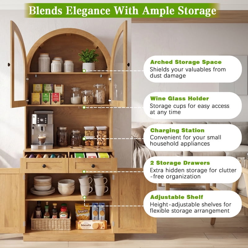 Farmhouse Arched Kitchen Storage Pantry with Charging Station on Open Countertop, Coffee Bar Cabinet with Adjustable Shelf