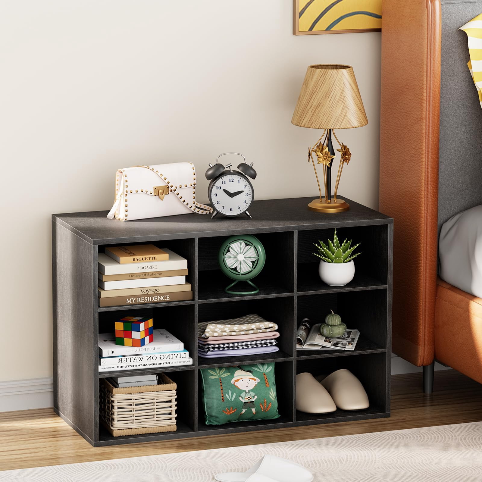 Shoe Storage Bench, Cubby Shoe Rack with 9 Cubbies, 3-Tier Wood Shoe Rack Organizer, Shoe Organizer Cabinet for Entryway, Hallway, Closet and Garage, Black