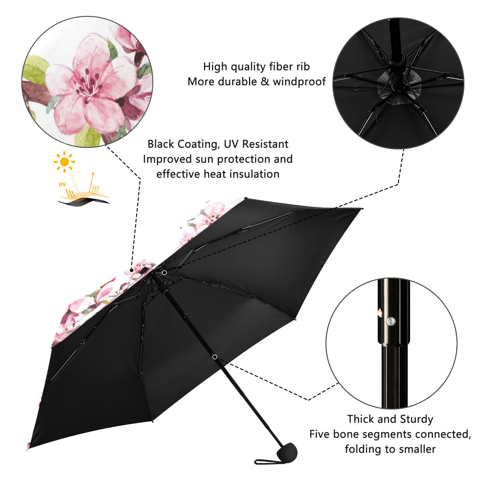 JSTEL Pink Cherry Blossom Bird Floral Folding Umbrella for Rain Sun Travel Mini Lightweight Compact Umbrellas