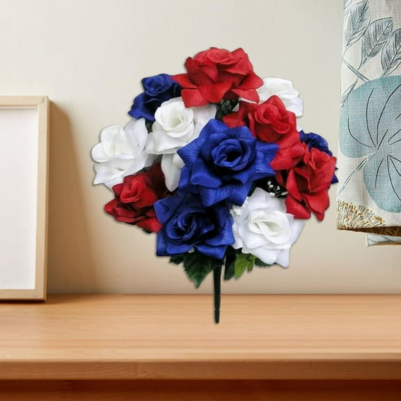 SMKE Large Heads Artificial Cemetery Flowers for Grave, Fake Flowers Patriotic Memorial Bouquets, 4Th Of July Red White Blue Roses Sunflower Lily Flowers for Outdoor Indoor Home Deco