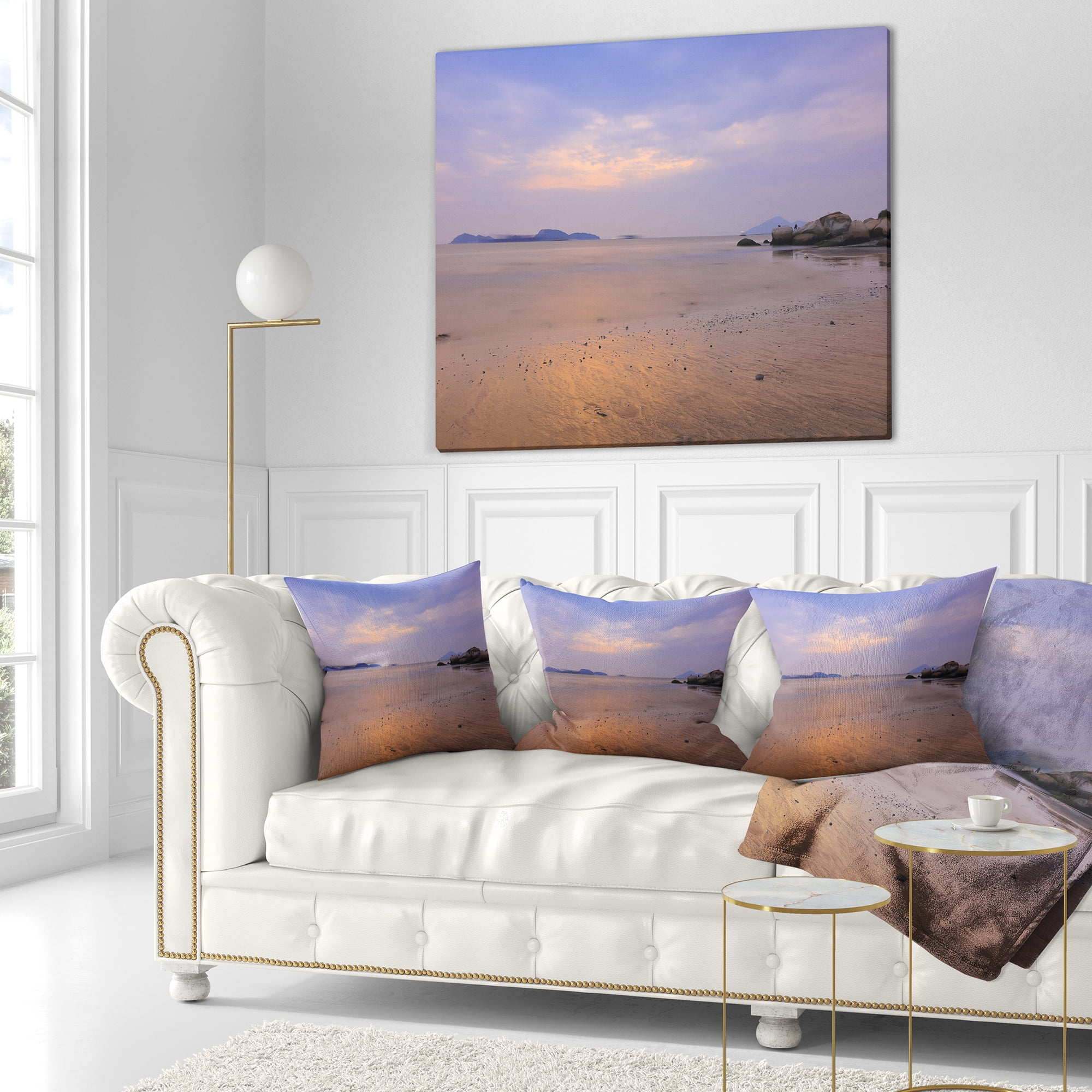 Designart Yellowish Sunset at Lung Kwu Tan Coastline - Landscape Printed Throw Pillow - 18x18