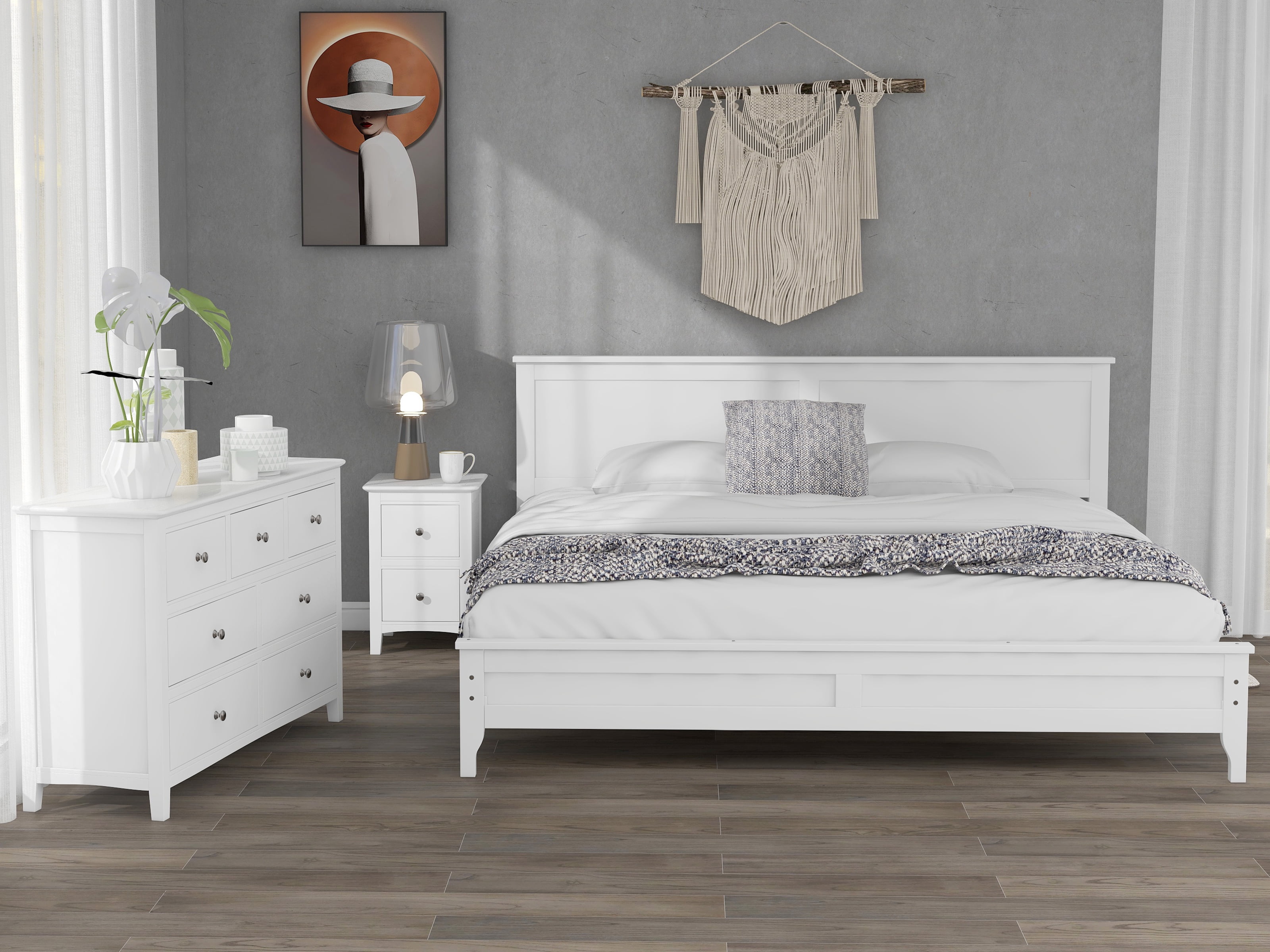 3 PC Sets White Wooden Bedroom Furniture, 4 Size Bed Frame, 2 Drawers