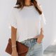 thumbnail image 3 of Top de punto con manga con volantes para mujer, cuello redondo, manga corta, jersey de color puro para verano, blanco L, 3 of 7