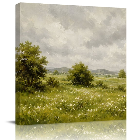 Rustic CottagecoreMeadow Canvas Artwork Painting Art, Vintage Impressionist Square Framed Wall Decorations Prints Picture for Bedroom Kitchen Living Room, 12x12 in