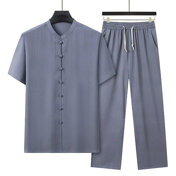 Awdenio Mens Two Piece Summer Outfit Traditional Long Sleeve Tang Kung Fu Uniform Men's Shirt and Pants Set