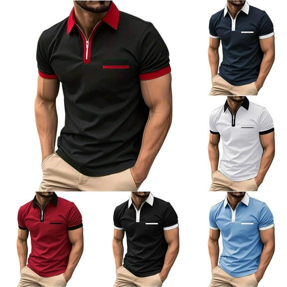 BinBiL Men's Golf Golf T-Shirts Casual Striped Color Block Short Sleeve Zipper Lapel T Shirts Summer Slim Fit Workout Tops White 10(XL)