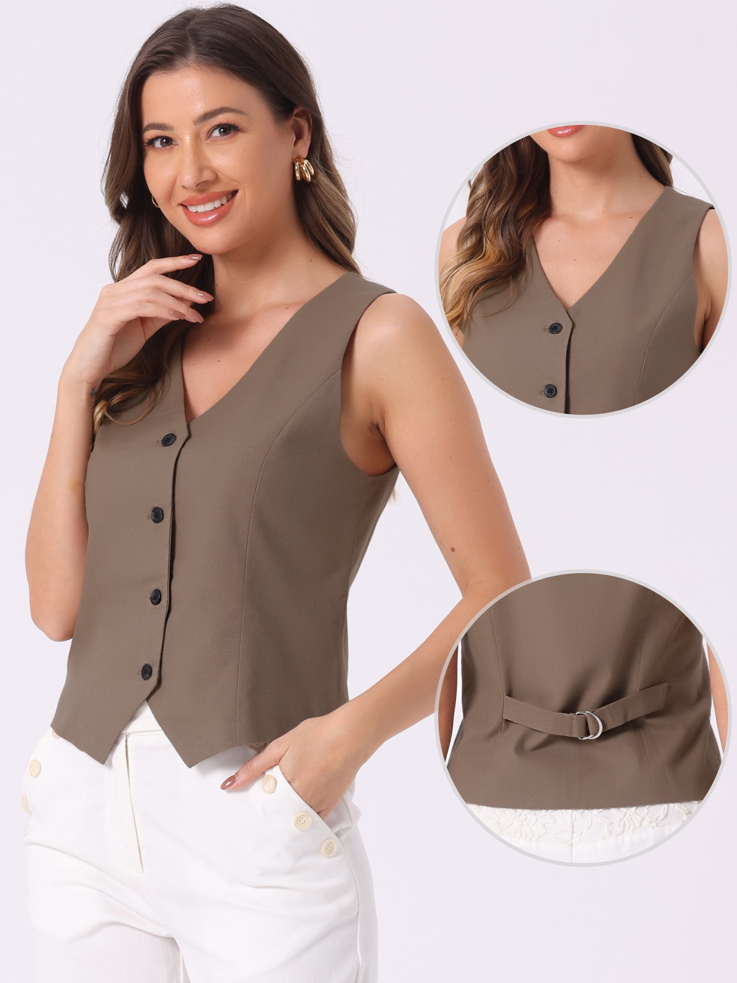 DARING DIVA Women's Button Down Sleeveless V Neck Crop Top Summer Vest XL Coffee