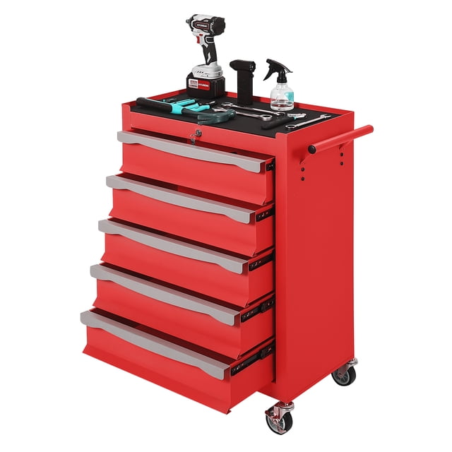 Heavy Duty 5-Drawer Rolling Tool Chest Cabinet – Large Capacity Mobile Workbench with Keyed Lock, Drawer Liners & Link Buckle – Ideal for Garage, Workshop, Warehouse – Red, 61.5×35×86.5cm