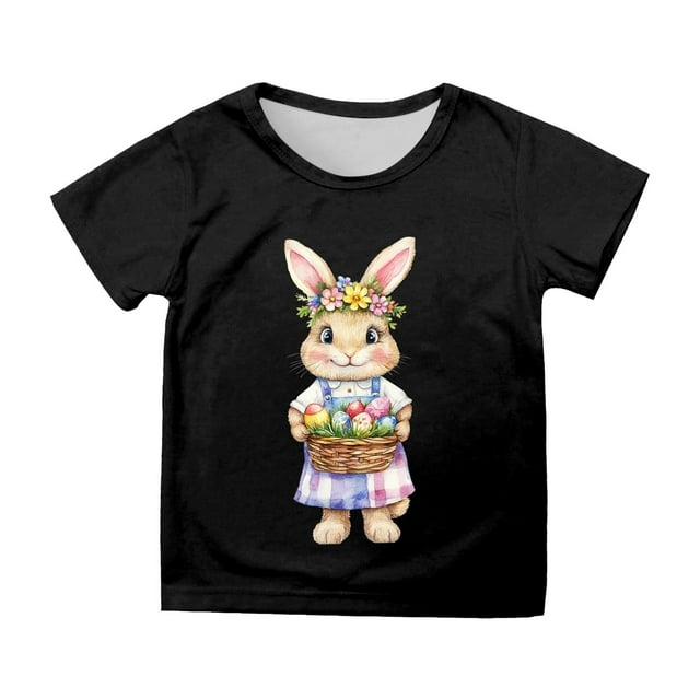MIASHUI Boys Cute Bunny Rabbit Print Tee Girls Happy Easter Day T-Shirt,Black,6-7 Years