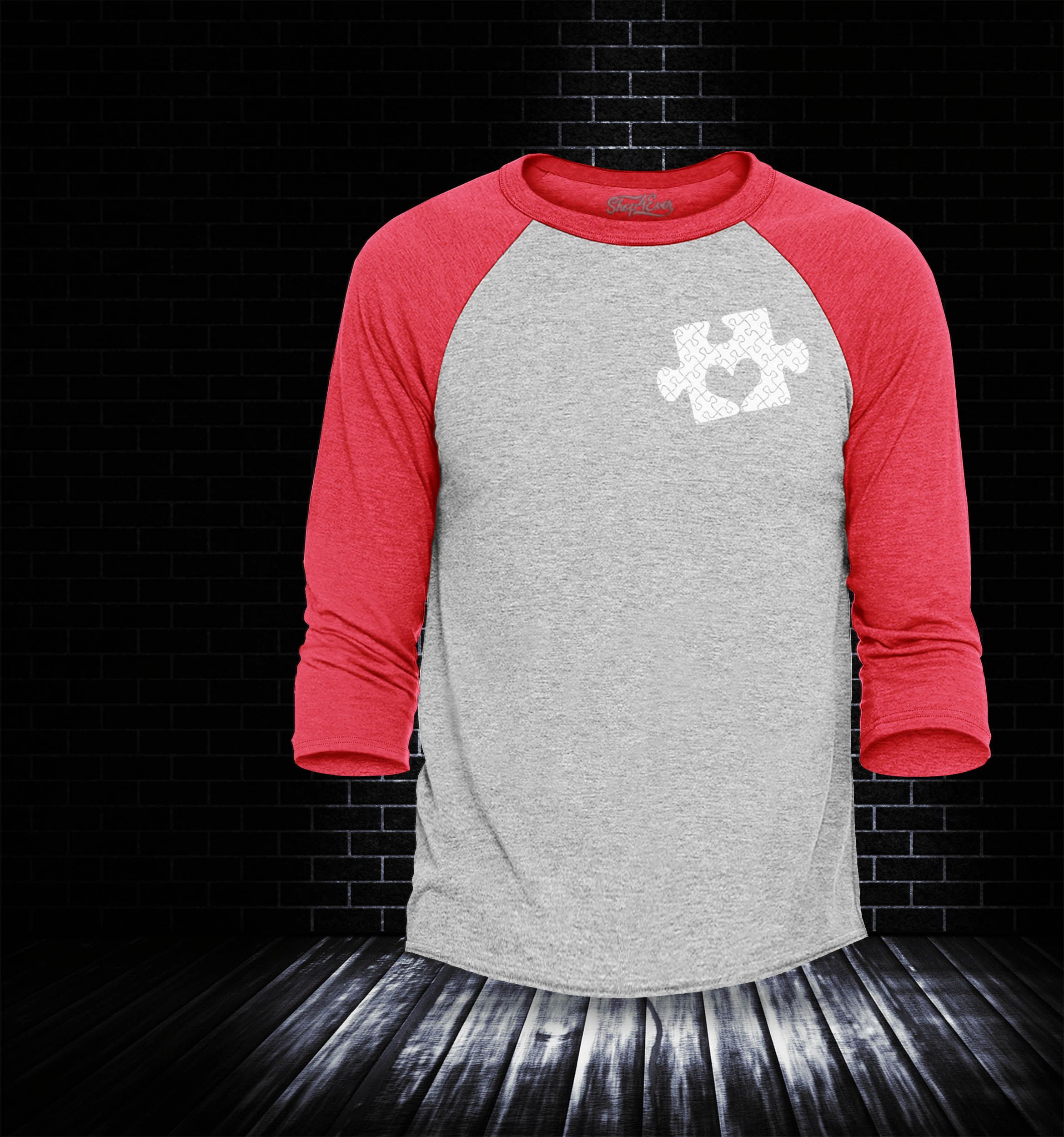 Shop4Ever Men's Small Heart Puzzle Piece Autism Awareness Raglan Baseball Shirt XXX-Large Heather Grey/Red