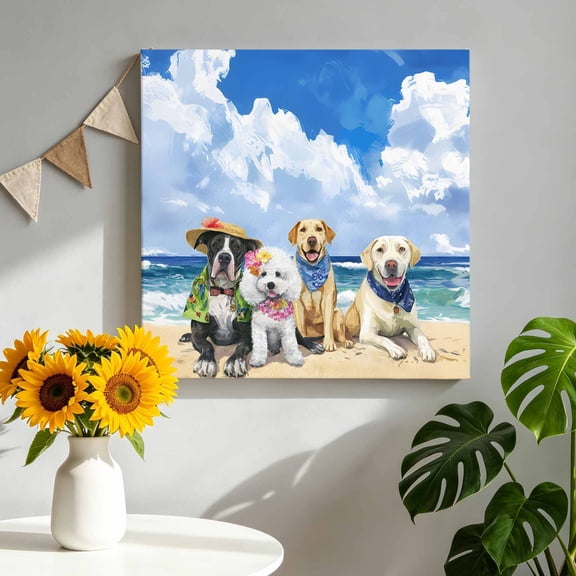 Puppy Beach Canvas Wall Art Framed Wall Decor for Living Room Bedroom Bathroom, Watercolor Summer Dogs Beach Sky Ocean Canvas Pictures Ready to Hang Decor, 10"x10"