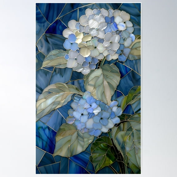 Pretty Blue Hydrangea Flower Floral Faux Stained Glass Poster Wall Art, Modern Wall Decor For Living Room Bedroom, 16x24 UNFRAMED