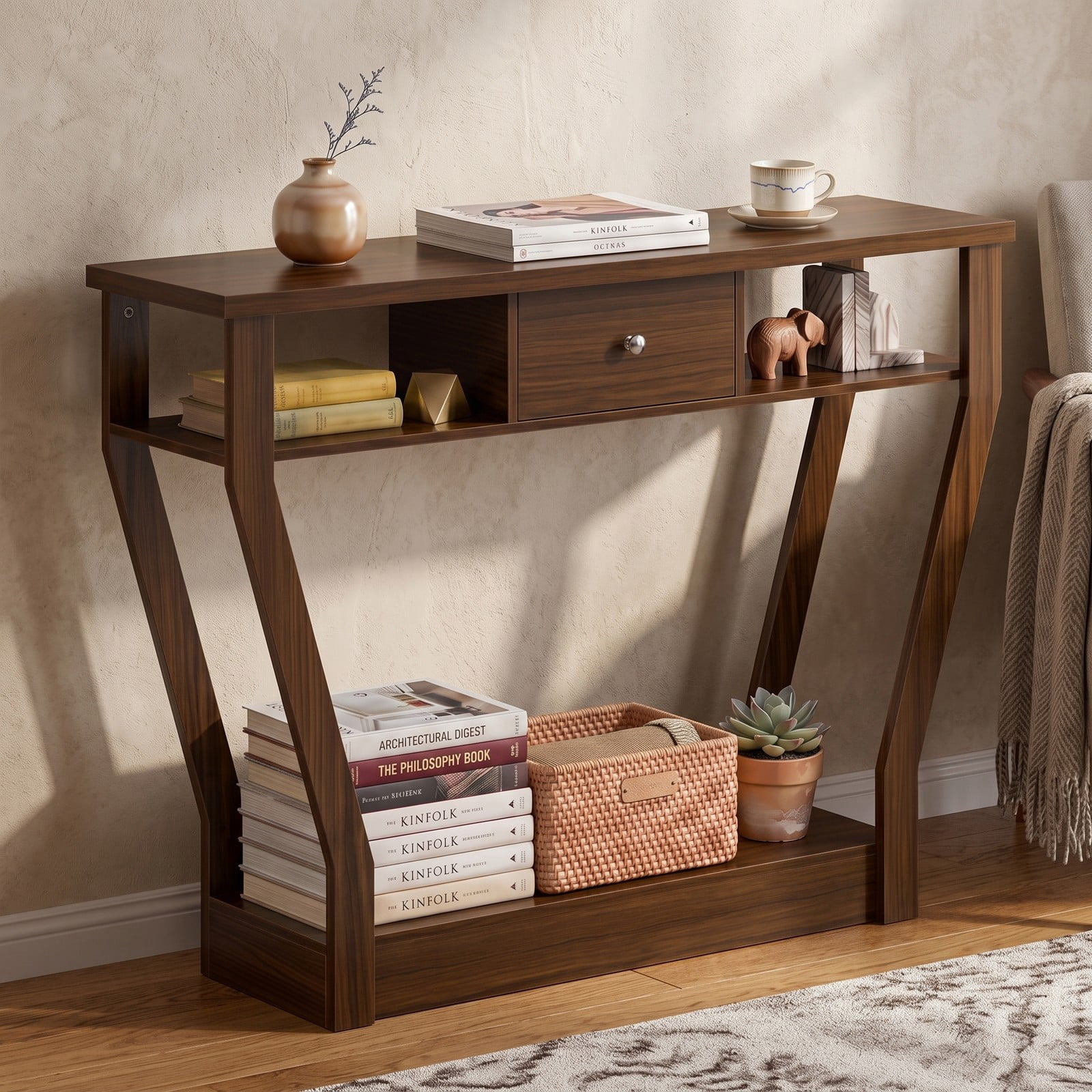 Furnibear Console Hall Table with Storage Drawer and Open Display Shelf and Angled Wood Legs for Entryway and Hallway, Walnut