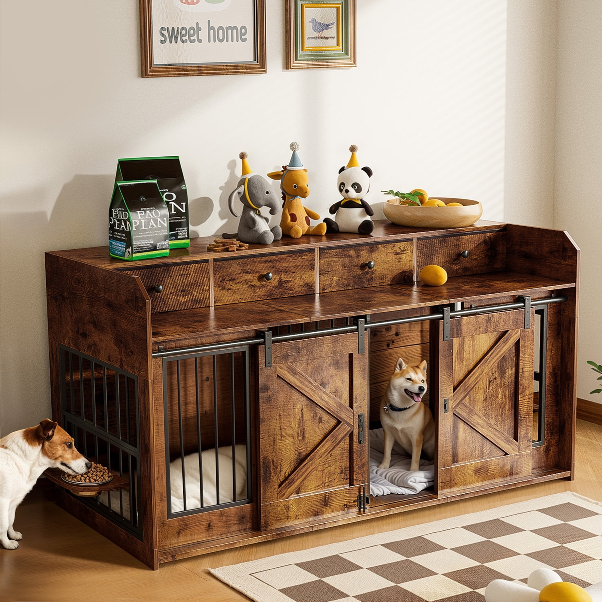 Advwin 63" Wooden Double Dog Crate Furniture with Drawers, Divider, Sliding Doors and Dual Feeding Stations, TV Stand Dog Kennel for 2 Small/Medium Dogs, Rustic Brown