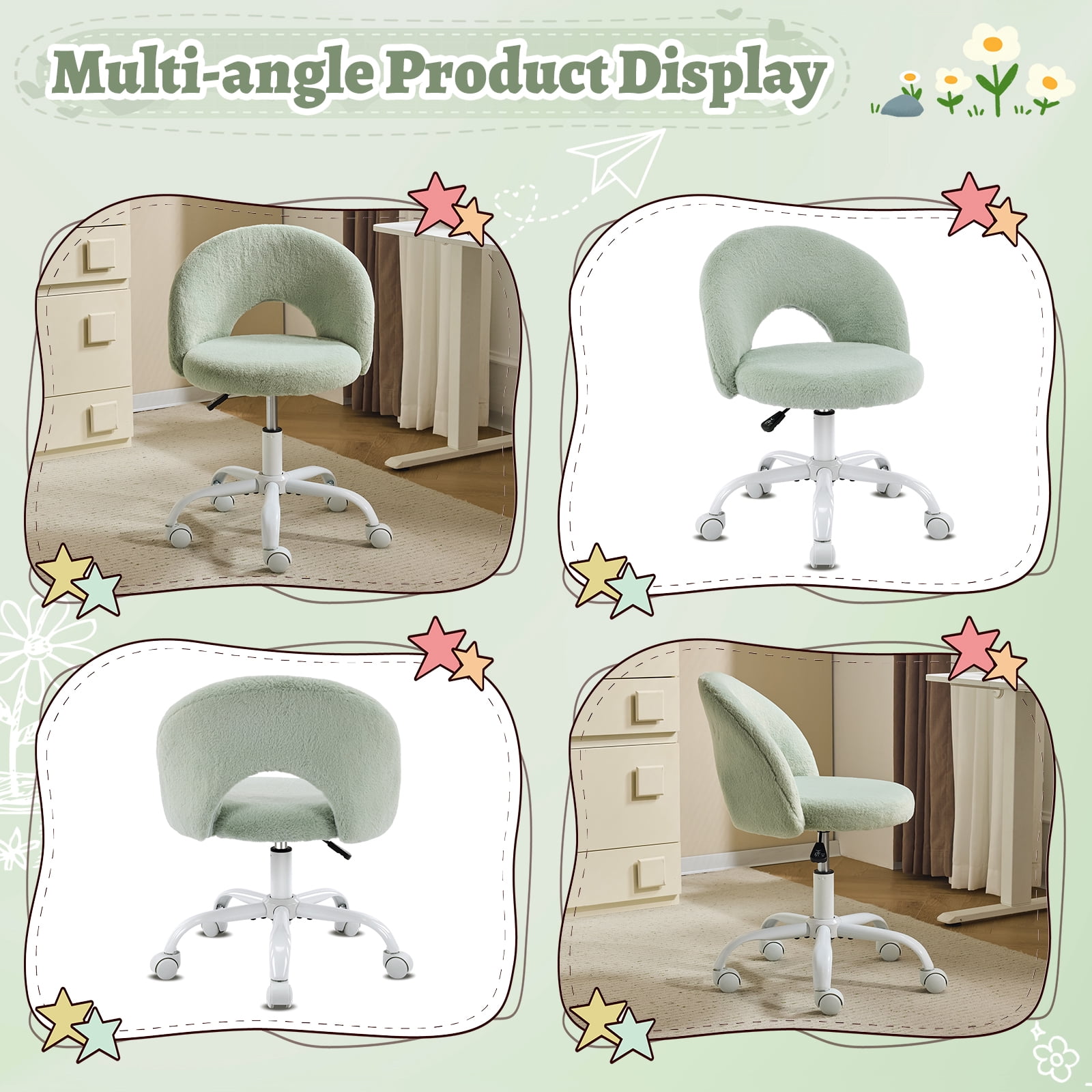 Ktaxon Vanity Makeup Chair Comfy Cute Accent Chair Small Swivel Task Office Chair with Wheels Faux Rabbit Hair Green